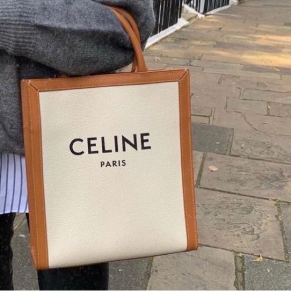 Celine Vertical shopping bag in beige canvas and brown leather - Picture 2 of 13
